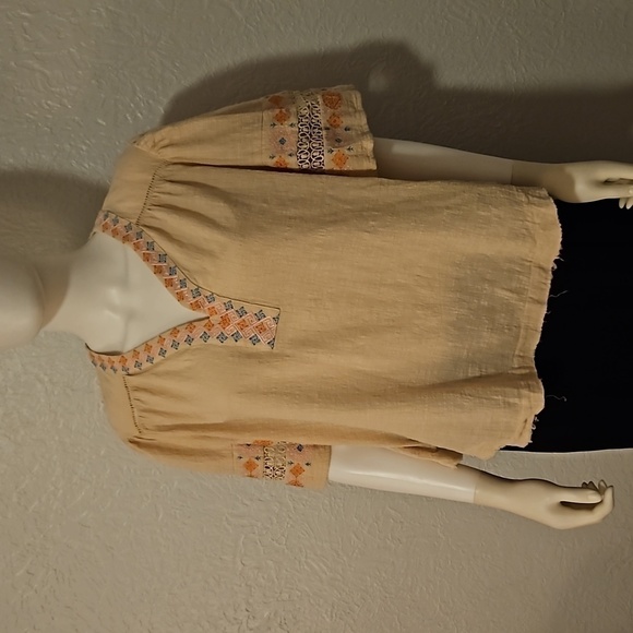 Cream Embroidered Raw Hem Boho Cotton Swing Festival Tunic - Picture 3 of 8